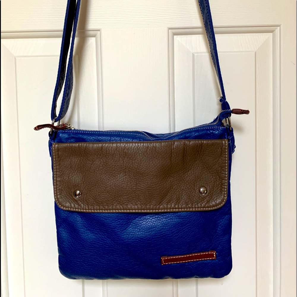 Royal blue and brown faux leather crossbody
